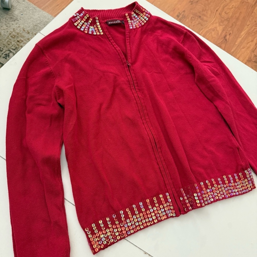 NEVADA Vibrant Red Zip-Up Cardigan Sweater Colorful Mermaid Sequins Y2K Glam - Picture 2 of 5